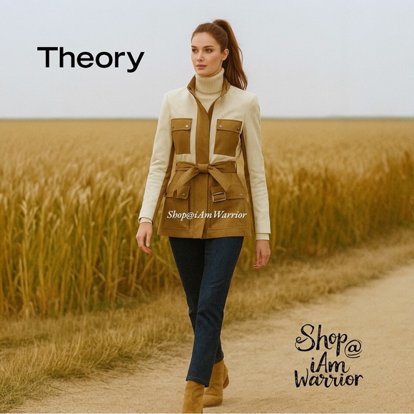 Theory color-block lamb leather & coated canvas belted jacket *shop@iamwarrior - Picture 1 of 11